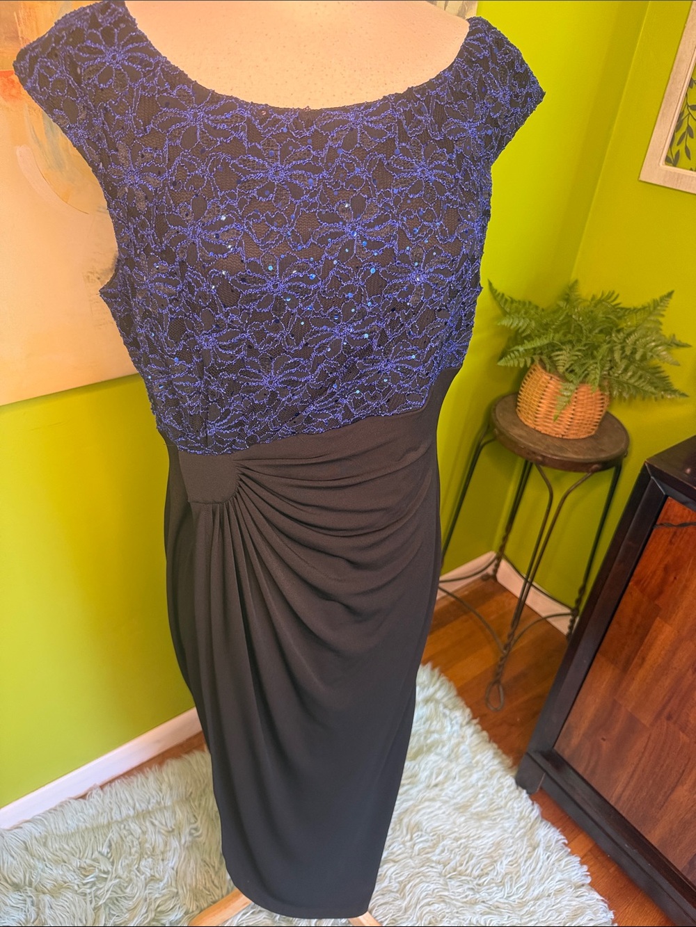 connected apparel Black full length Dress with Navy Lace Bodice